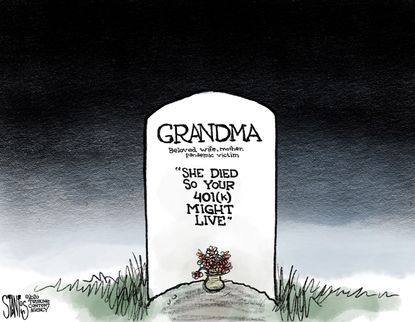 Editorial Cartoon U.S. COVID-19 401K grandma deaths economy