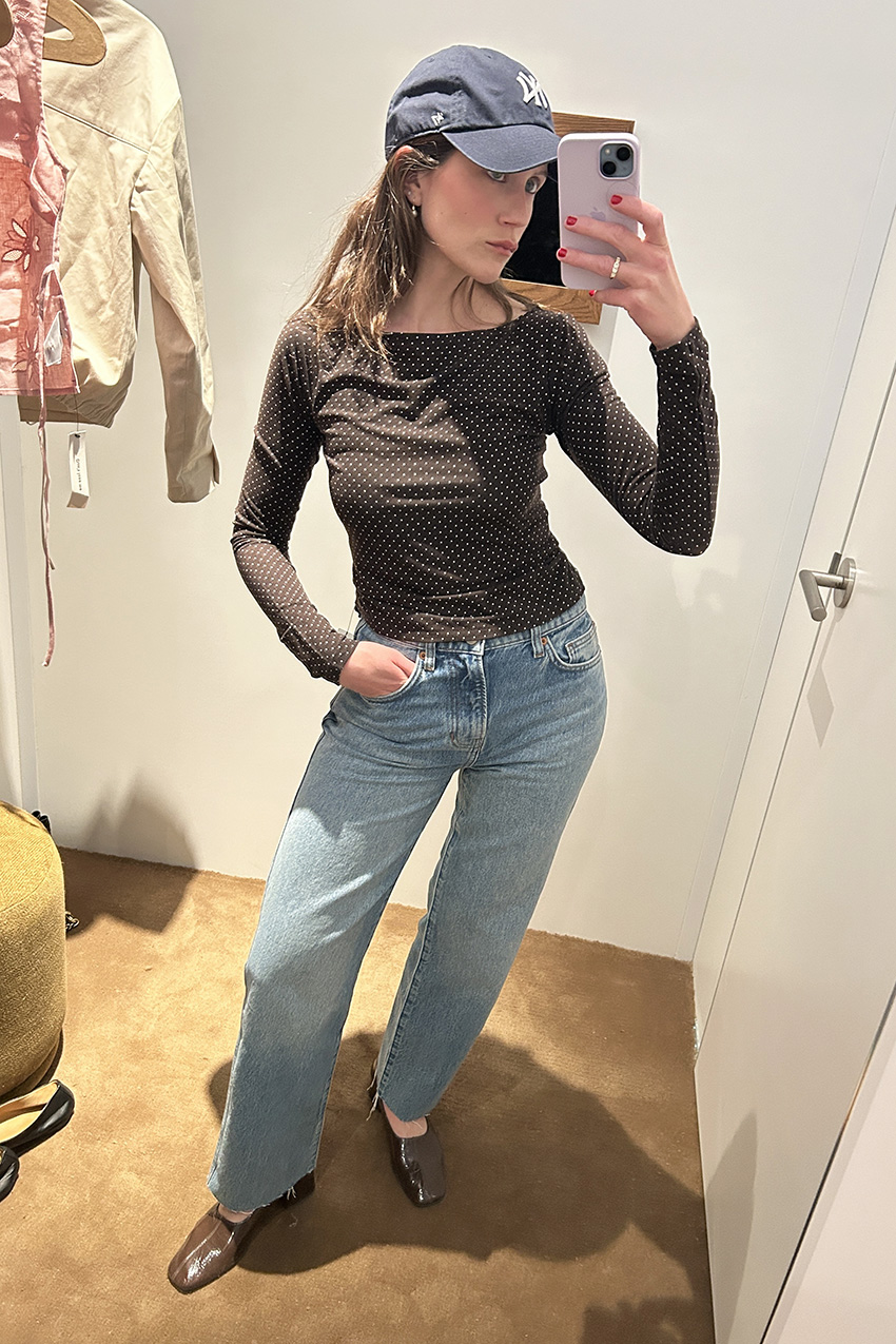 Reformation Wiley Knit Top Pin Dot, Reformation Val Jeans Colorado, Reformation Inez Pumps