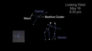 Cancer and Gemini in relation to Moon and Beehive Cluster on May 16