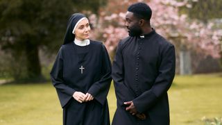 Keeley Hawes and Paapa Essiedu dressed as a nun and a priest for Falling on Channel 4