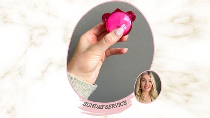 an image of a hand with white nails and a beige cardigan on holding a pot of Dr Jart Lip Mask