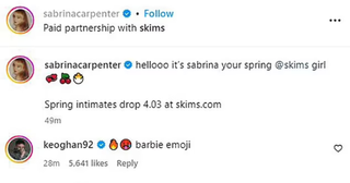 Barry Keoghan's comment on Sabrina Carpenter's Instagram post