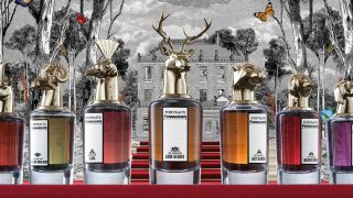 Penhaligon’s fragrance lined up against a black and white background of some trees and a mansion.