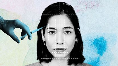 collage of woman with lines across her face next to a needle
