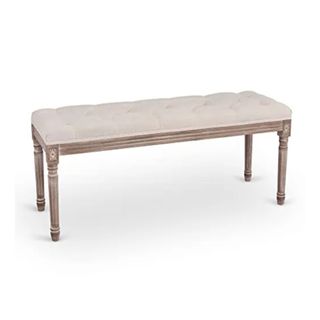 cream upholstered tufted vintage bench