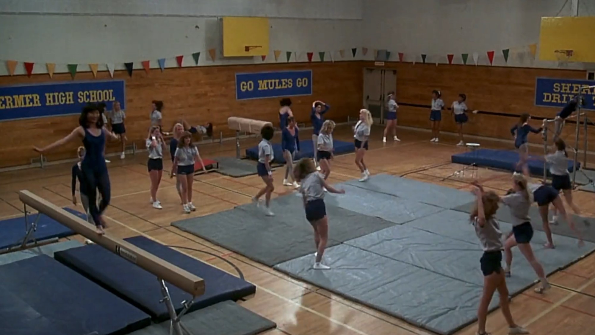 A gym scene in Weird Science with banners on the wall of the gym for Shermer High School