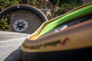 Vittoria tyre liner inserted into Vittoria Corsa Control tyre and a Fulcrum Sharq front wheel