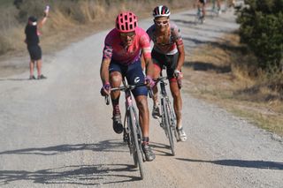 SIENA ITALY AUGUST 01 Alberto Bettiol of Italy and Team EF Pro Cycling Davide Formolo of Italy and UAE Team Emirates Gravel Strokes during the Eroica 14th Strade Bianche 2020 Men a 184km race from Siena to SienaPiazza del Campo StradeBianche on August 01 2020 in Siena Italy Photo by Tim de WaeleGetty Images