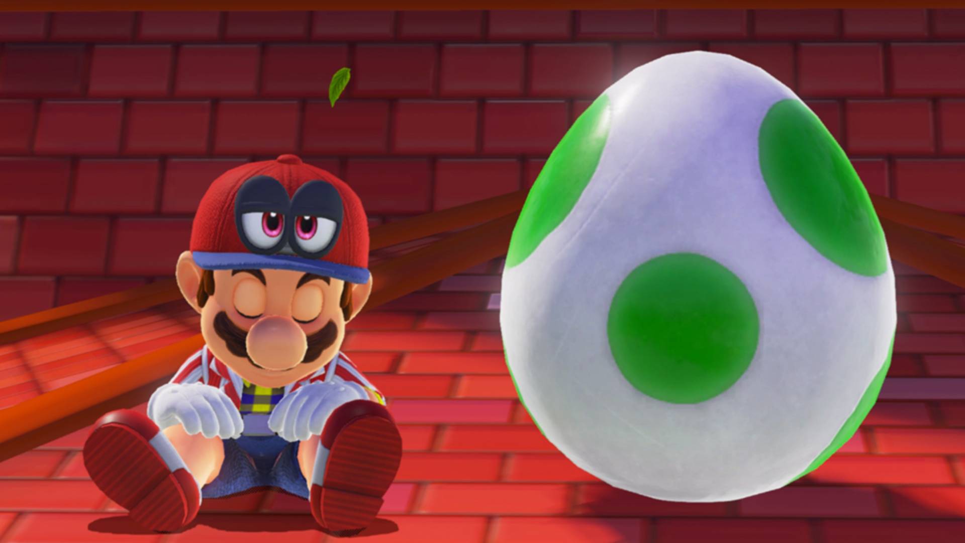 Mario sleeping next to giant Yoshi egg with bricks in backdrop.
