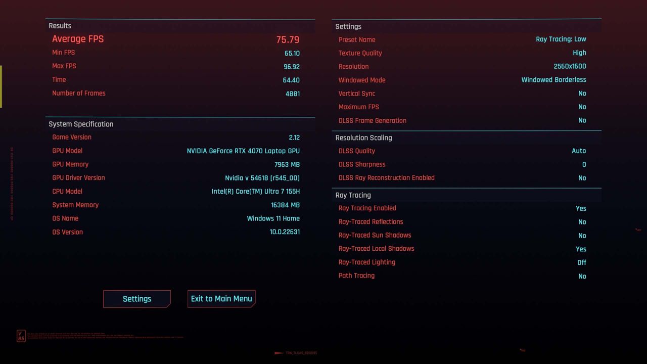 Alienware m16 R2 gaming laptop Cyberpunk benchmark ray tracing low settings.