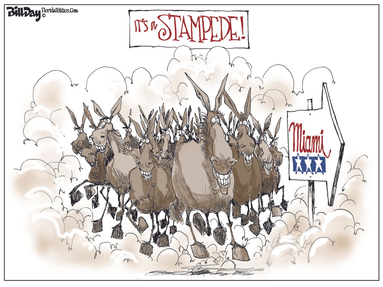 Political Cartoon U.S. Democrats Stampede Miami 2020 Debates