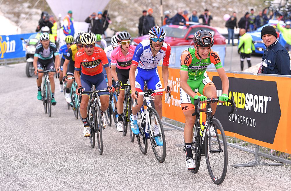 Giulio Ciccone of Italy and Team Bardiani CSF / Thibaut Pinot of France and Team Groupama-FDJ / Domenico Pozzovivo of Italy and Team Bahrain-Merida on the final climb of stage 9