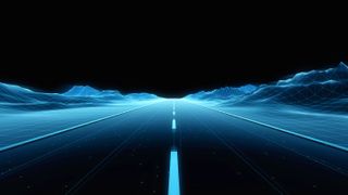 A blue digital road going into the horizon