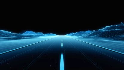 A blue digital road going into the horizon