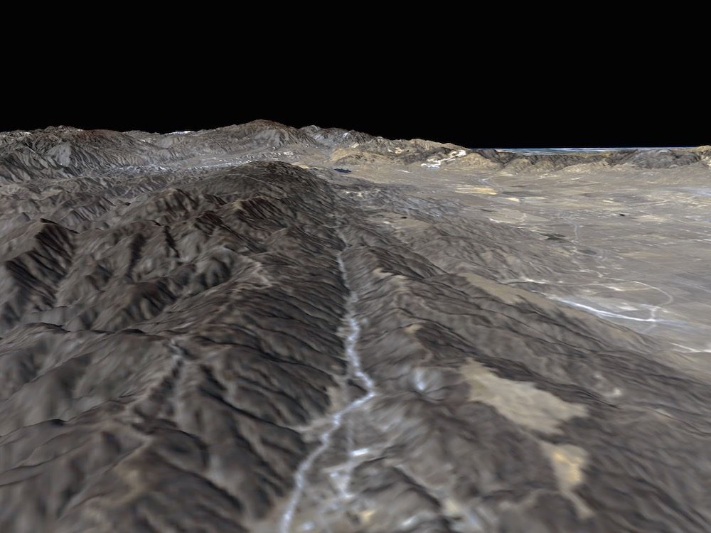 This segment of the San Andreas Fault, in Palmdale, California, lies about 60 miles (100 km) northwest of Los Angeles. The image was captured from the Space Shuttle Endeavor on Feb. 11, 2000.