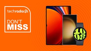 Samsung Galaxy Tab S9, Galaxy S23 Ultra, and Galaxy Watch 6 on orange background with don't miss text overlay