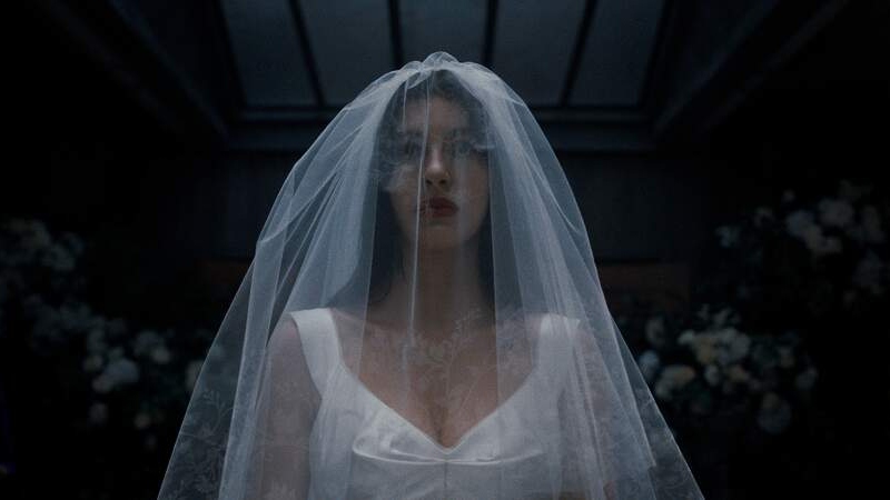 Head and shoulders of Camila Morrone as Rachel Harkin dressed as a veiled bride against a dark background of flowers in Something Very Bad Is Going to Happen