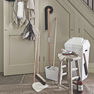 all, under stairs storage cupboards, assorted cleaning utensils, broom, dustpan and brush, bucket and mop, duster