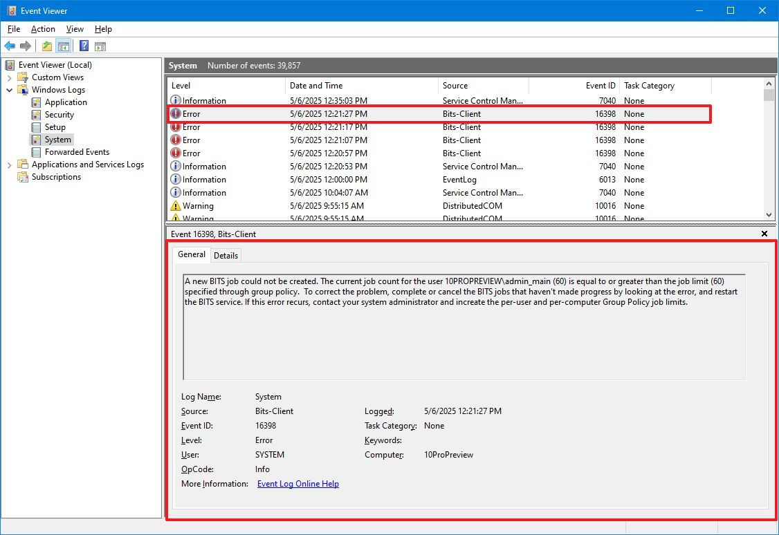 Windows 10 Event Viewer details