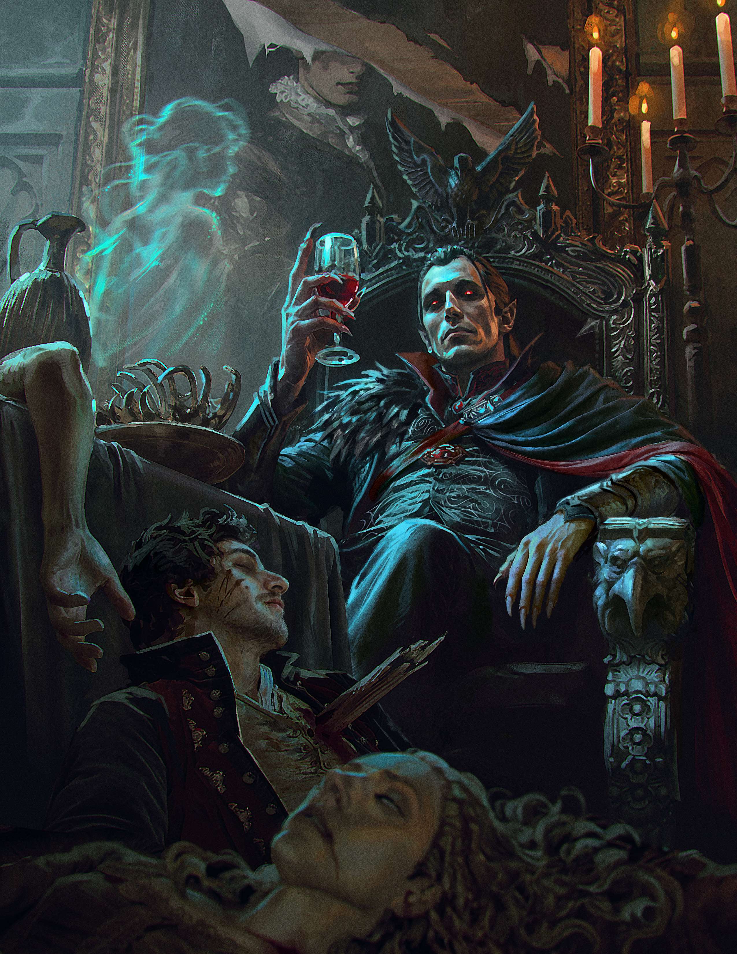 Count Strahd von Zarovich holds a glass of blood in clawed hands in front of dead adventurers lying at his feet