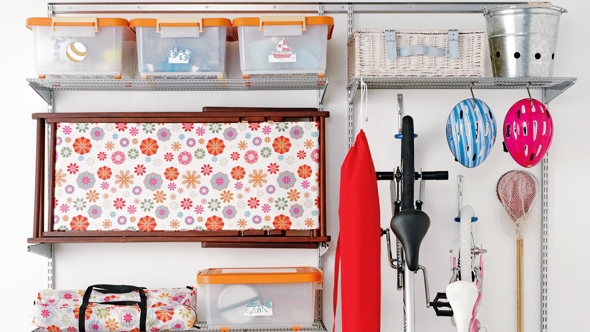 Wall storage racks with organised items