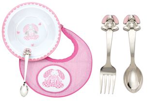 Gingham Bunny three-piece set (left), Gingham Bunny fork and spoon set (right)