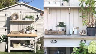 White painted wooden shed with potting table in front styled with pots and gardening equipment