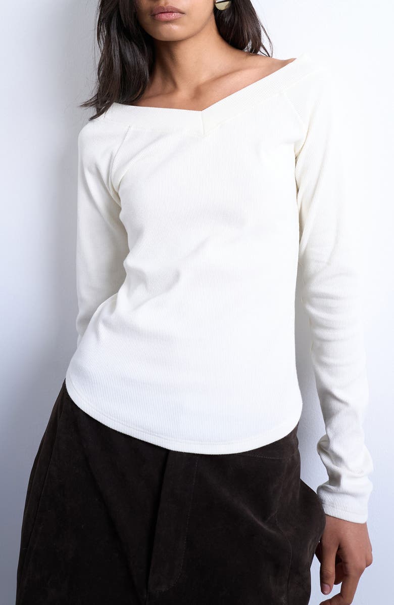 V-Neck Raglan Sleeve Long Sleeve Rib Knit Top
