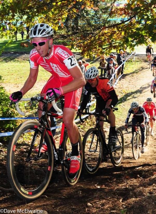 Patrick Bradley (Philadelphia Cyclocross) leading a big group up a climb.