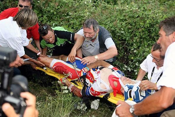 Rik Verbrugghe (Cofidis) is put into a stretcher after breaking his thigh in a crash