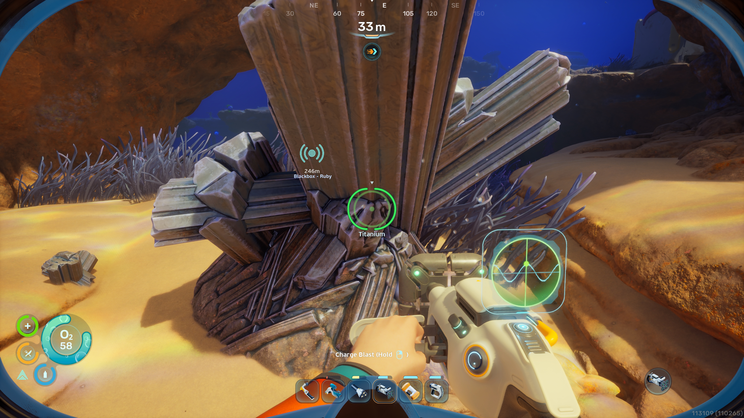 Subnautica 2 mining: A player looking at a large block of titanium, about to mine it using the Sonic Resonator.