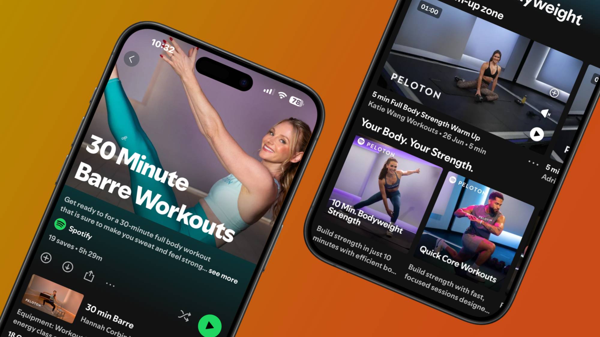Two smartphones showing Peloton's selection of video worjouts in Spotify