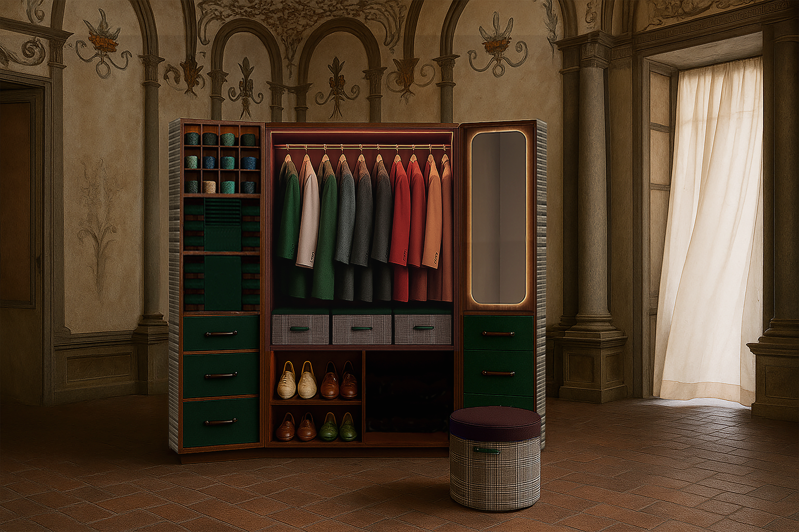 a large trunk wardrobe that opens up to reveal drawers and hanging storage