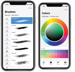 Procreate Pocket 2 interfaces of brushes and colour