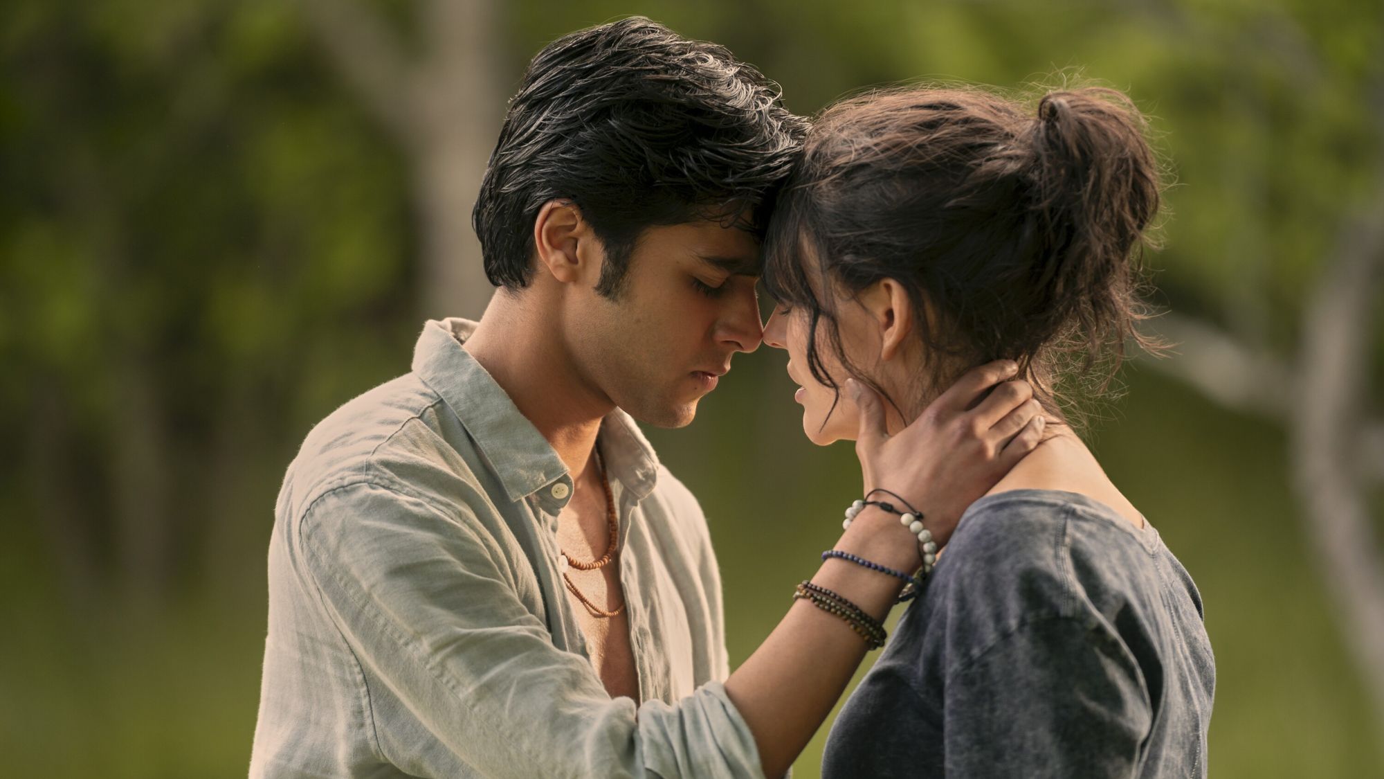 Shubham Maheshwari and Emily Alyn Lind touch foreheads in We Were Liars