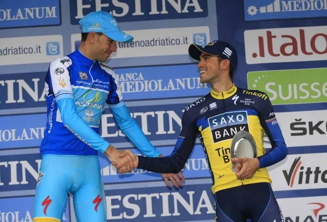 Alberto Contador congratulates Tirreno-Adriatico winner Vincenzo Nibali (Astana).