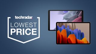 Samsung Galaxy Tab S7 and A7 Lite on a blue background with techradar deals lowest price logo