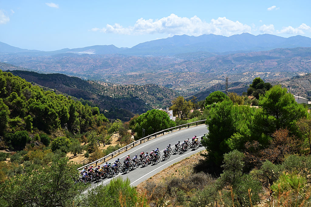 ESTEPONA&amp;#8203;, SPAIN - SEPTEMBER 11: A general view of the peloton compete climbing to the Puerto de las Abejas (823m) during the La Vuelta - 81st Tour of Spain 2026, Stage 19 a 210.8km stage from Velez-Malaga to Penas Blancas. Estepona 1274m / #UCIWT / on September 11, 2026 in Estepona, Spain. (Photo by Tim de Waele/Getty Images)