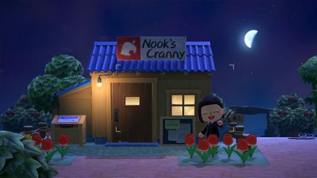 A player stands outside Nook's Cranny in Animal Crossing: New Horizons.