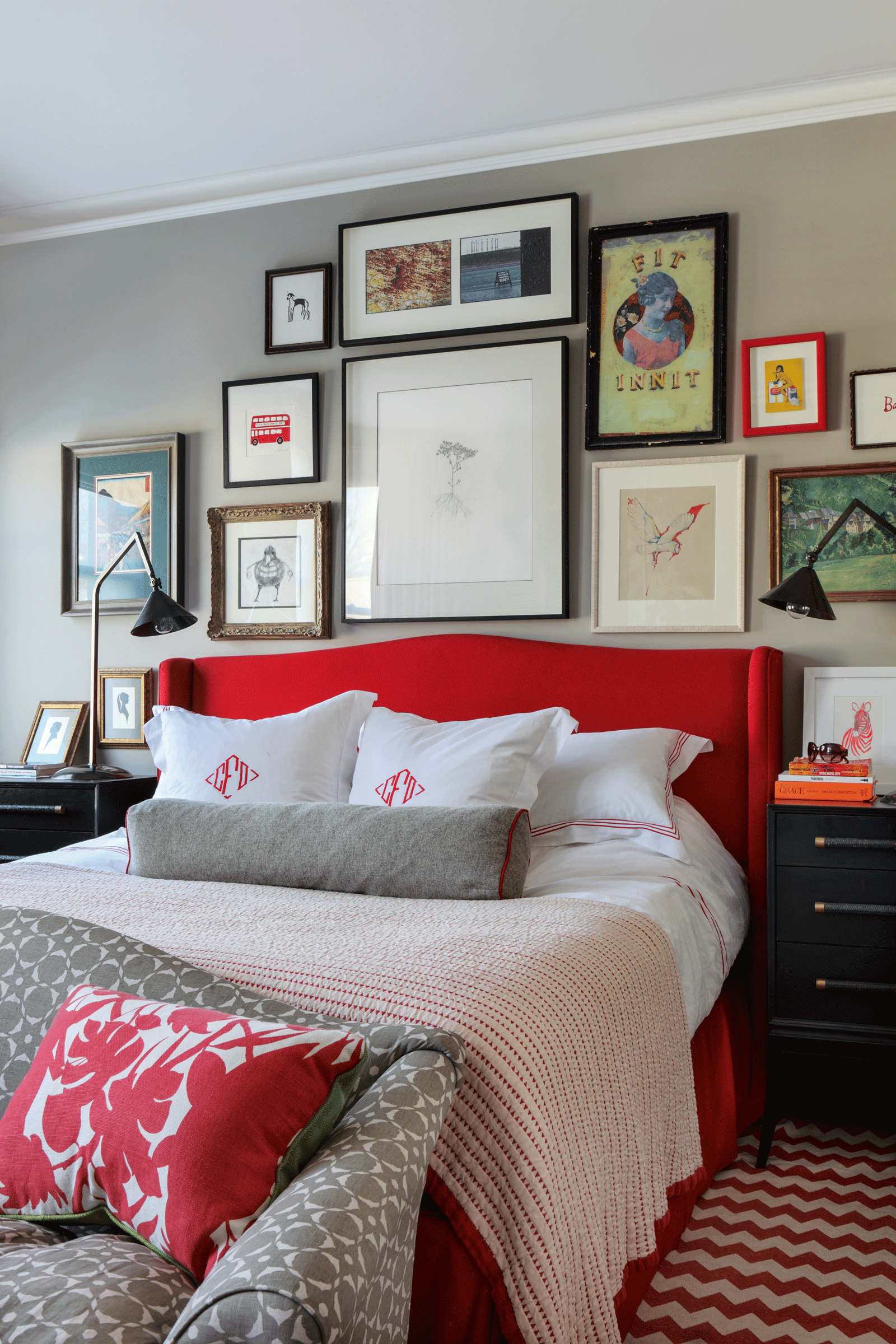 guest bedroom ideas - gallery wall and red upholstered bed by turner pocock