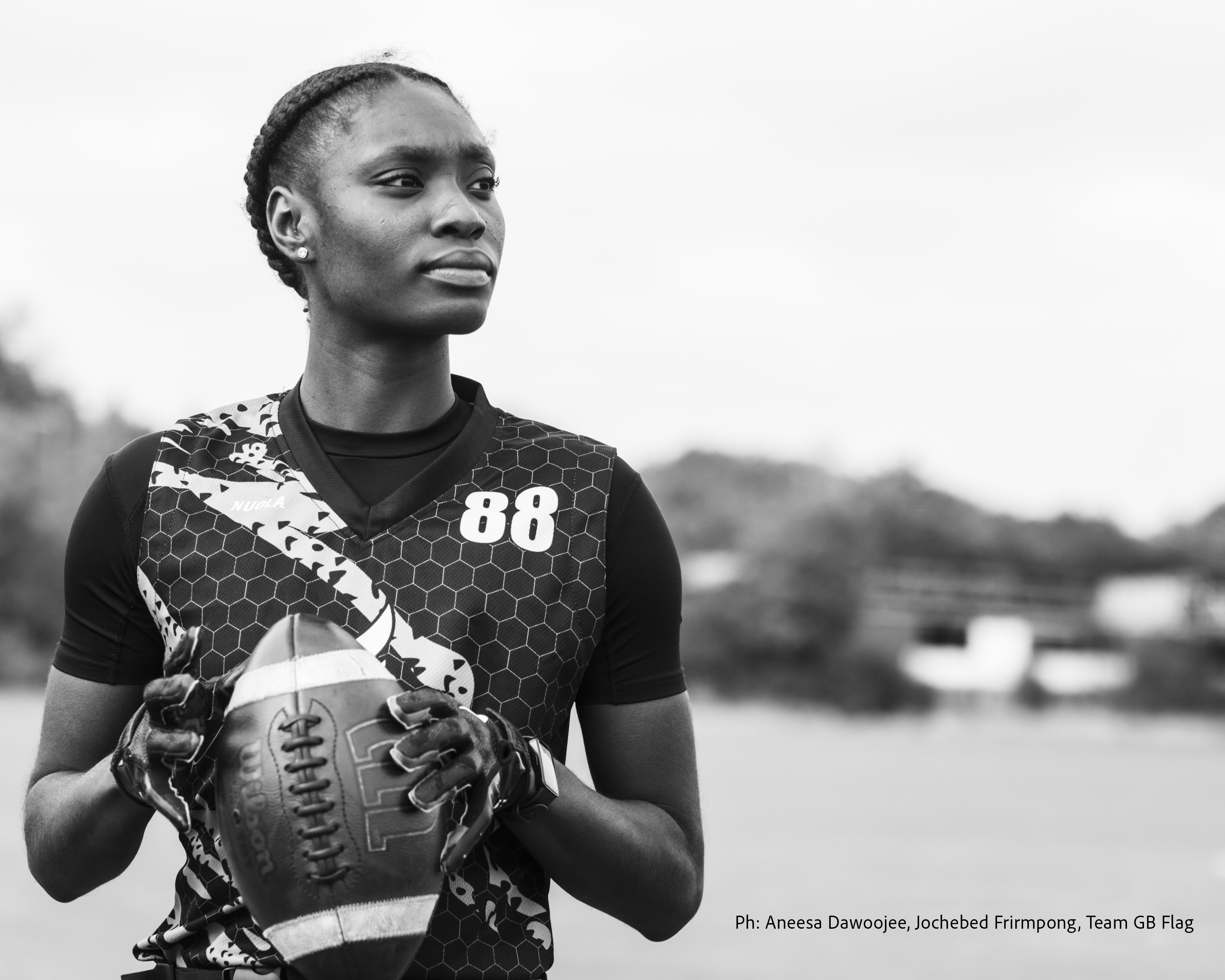 Photograph showing Team GB flag football player Jochebed Frimpong, taken by professional photographer Aneesa Dawoojee, a speaker at The Photography &amp;amp; Video Show 2026
