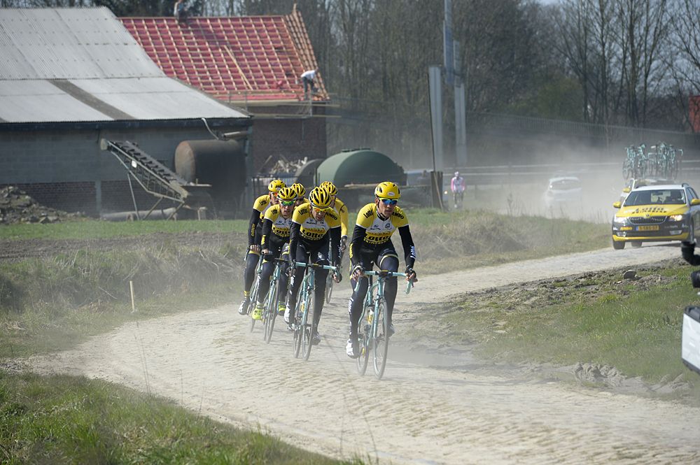 The LottoNL-Jumbo team pre-rides the Paris-Roubaix course