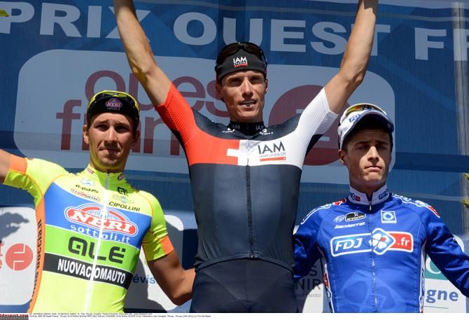 Podium (l-r): Andrea Fedi (Neri Sottoli-Yellow Fluo), Sylvain Chavanel (IAM Cycling) and Arthur Vichot (FDJ.fr)