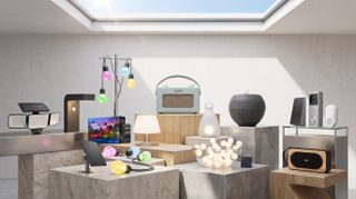 Collection of solar-powered products including lights and security systems, in magazine-style layout with plinths