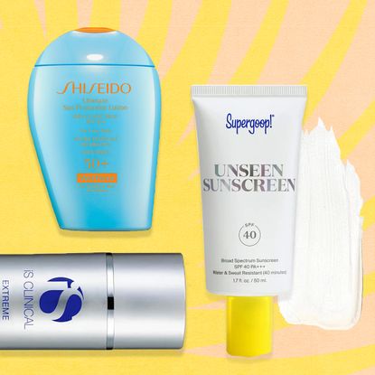 collage of best sunscreens including Supergoop unseen suncreen and iS clinical sunscreen