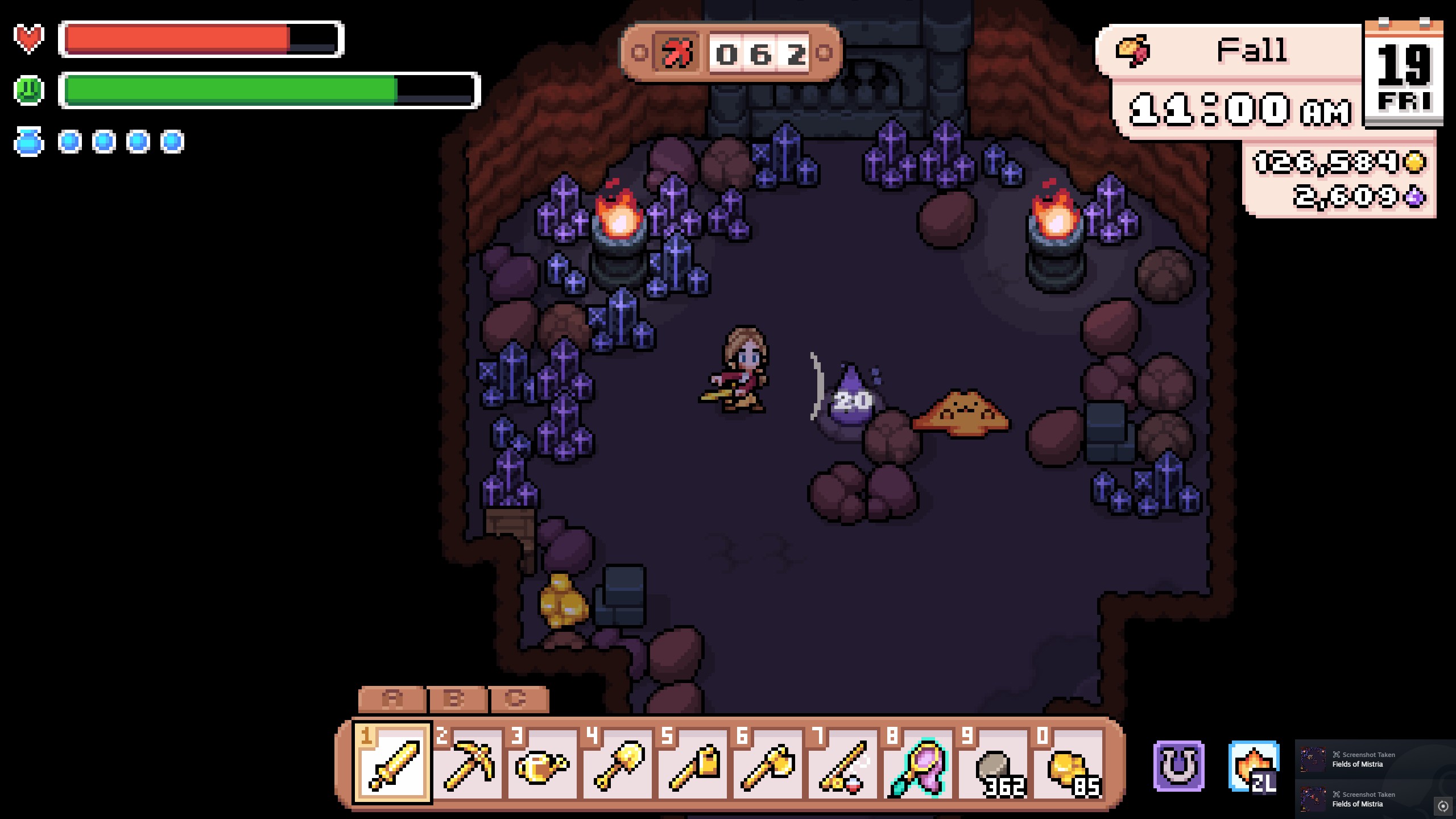 Fields of Mistria - A player swing a sword at a monster in the mins surrounded by obsidian crystals.