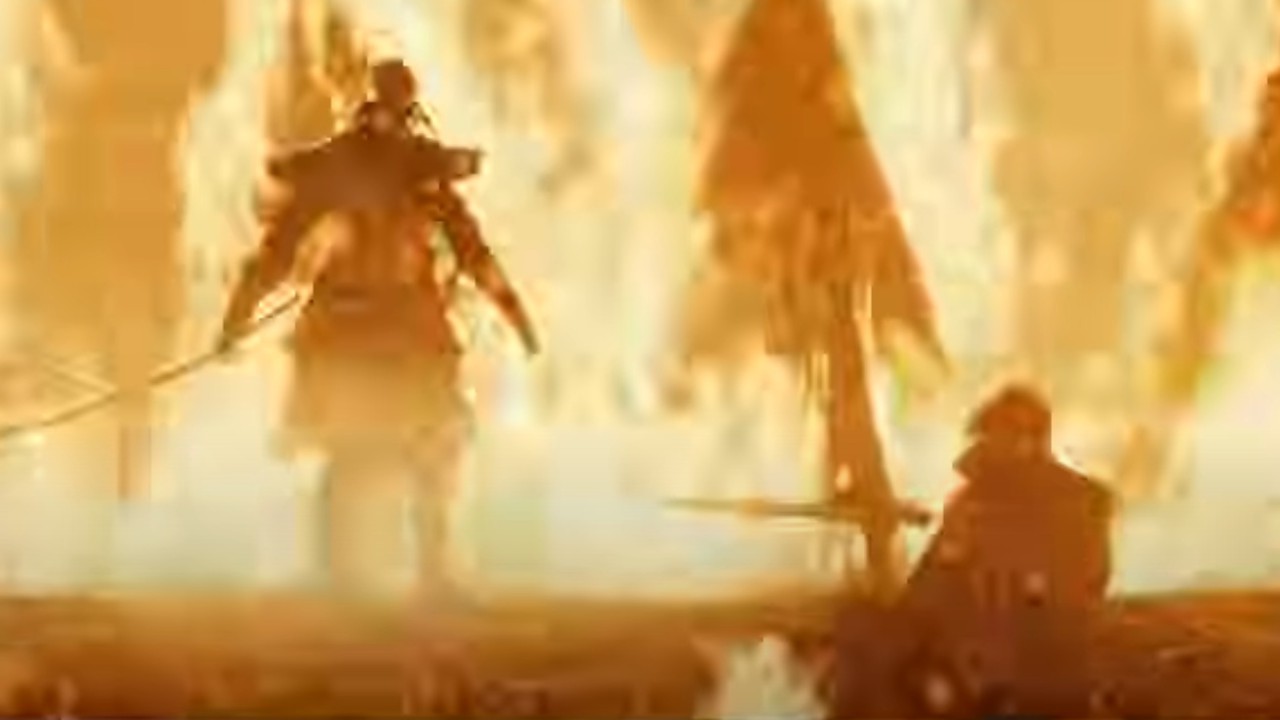A samurai with his sword amidst a raging fire in 47 Ronin