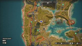 A Far Cry 6 Criptograma chest location marked on the map of Isla Santuario