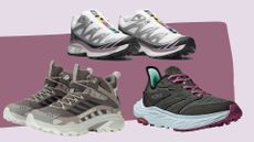 A selection of three shoes in the walking shoe sale, including Salomon XT-6, Hoka Anacapa 2, and Merrell Moab Speed 2 walking shoes