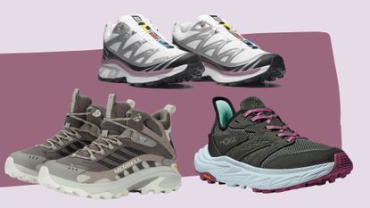 A selection of three shoes in the walking shoe sale, including Salomon XT-6, Hoka Anacapa 2, and Merrell Moab Speed 2 walking shoes